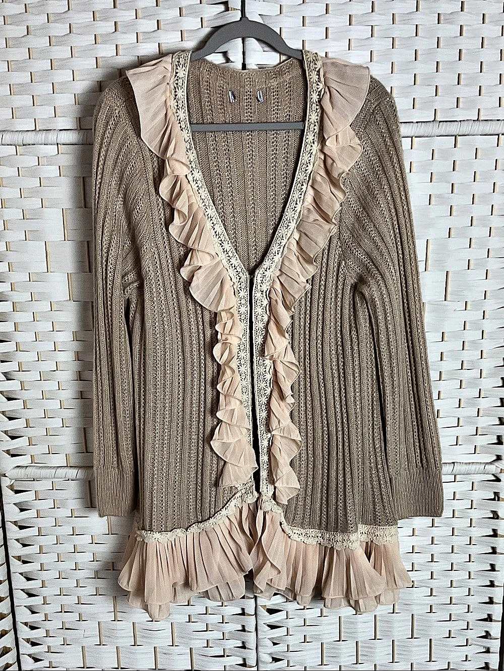 Ruffle Trim Cardigan in Beige & Blush *Like New*